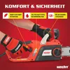 A close-up marketing image of a person's hands wearing gloves operating an electric chainsaw, with feature callouts. Produktbild-Vorschau