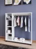 A white wardrobe organizer with clothes hanging on a rack and shelves with folded towels and boxes. Produktbild-Vorschau