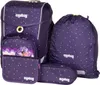 A collection of purple school bags and accessories with a white polka dot pattern. Produktbild-Vorschau