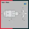 A technical drawing of a lock with dimensions and branding. Produktbild-Vorschau