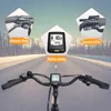 A close-up view of an e-bike's handlebars and display, with inset images highlighting key features like the hydraulic brake, Bafang display, and 9-speed shifter, set against a scenic mountain road background. Produktbild-Vorschau
