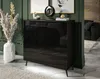 A black high-gloss dresser with four drawers is shown in a modern living room setting, next to a vase with dried flowers and artwork on the wall.