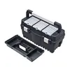 A black toolbox with a silver handle and three transparent gray compartments on top, shown with its internal tray removed. Náhľad obrázku produktu