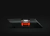 A close-up, centered shot of a black graphics card holder with an orange liquid-filled bubble level on a black background. Produktbild-Vorschau