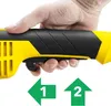 A hand is shown holding a yellow and black power tool, with two green arrows pointing left and right, labeled '1' and '2' respectively. Produktbild-Vorschau