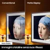 A split image comparing a conventional display with a matte display, showing a painting on both. Produktbild-Vorschau