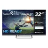 A television screen displaying a soccer match, with promotional text and logos. Produktbild-Vorschau