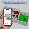 A hand holding a smartphone displaying a floor plan, with a 3D model of a house in the background showing different colored zones. Produktbild-Vorschau