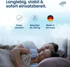 A couple sleeping in a bed, with marketing text and icons above them. Produktbild-Vorschau