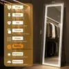 A full-length LED mirror with features listed on the left side, placed in a closet setting. Produktbild-Vorschau