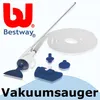 A pool vacuum cleaner set with accessories laid out on a white and light blue background. Produktbild-Vorschau