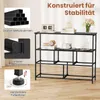 A black console table with shelves, decorated with books, a clock, and flowers. Insets show details of the metal frame, stability features, and adjustable feet. Anteprima dell’immagine prodotto
