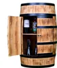 A wooden barrel-shaped cabinet with its door open, revealing shelves and bottles inside. Náhled obrázku produktu