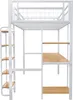 A white metal loft bed with wooden shelves and a desk, shown against a white background. Náhľad obrázku produktu