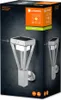 The image shows the retail packaging of a solar-powered outdoor wall light. The packaging displays an image of the product and highlights its features. Produktbild-Vorschau