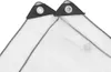 Close-up view of two corners of a clear polyethylene tarp with reinforced black grommets. Podgląd zdjęcia produktu