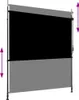 A retractable outdoor screen with a black upper section and a gray lower section, supported by metal poles. Náhled obrázku produktu