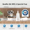 A kitchen counter with a coffee machine, cups, and water filters, with marketing text and icons at the bottom. Náhled obrázku produktu