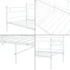 A collage of four close-up images showing different parts of a white metal bed frame. Podgląd zdjęcia produktu