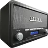 A studio shot of a black DAB radio with a silver speaker grille and silver control knobs. Voir les images du produit