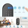 A collage showing a smart door lock with fingerprint scanner, a family relaxing on a couch, and the lock installed on a door. Náhľad obrázku produktu