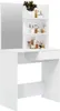 A white vanity table with a mirror and shelves filled with cosmetic bottles. Náhled obrázku produktu