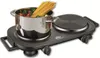 A silver pot with spaghetti and vegetables is on a black electric double burner hot plate. Produktbild-Vorschau