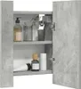 A close-up view of an open bathroom cabinet with various toiletries on shelves. Produktbild-Vorschau