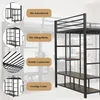 A loft bed with shelves and a desk, with feature callouts. Náhľad obrázku produktu