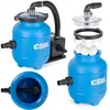 A product shot of a blue pool filter pump system, shown from multiple angles, with one angle showing the internal components. Náhľad obrázku produktu