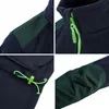 A collage of four close-up images showing details of a navy blue fleece jacket with green accents. Produktbild-Vorschau