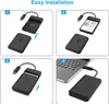 A four-panel graphic illustrating the easy installation of an external hard drive enclosure. Produktbild-Vorschau