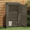 A wooden garden shed with its doors open, containing gardening tools and a bucket. Podgląd zdjęcia produktu