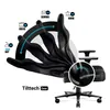 An infographic demonstrating the different reclining positions of a black gaming chair, with icons and text indicating 'Turbo Nap', 'Movie', 'Gaming', and 'Work' modes. Podgląd zdjęcia produktu