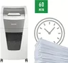 A Leitz IQ Autofeed shredder is shown next to a stack of paper and a clock icon indicating 60 minutes of operation. Voir les images du produit