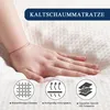 A hand pressing into a white mattress, with icons and text describing its features. Produktbild-Vorschau