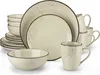 A set of beige ceramic dishes with a speckled pattern and brown rim, arranged on a white background. Náhled obrázku produktu