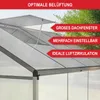 Close-up view of a greenhouse roof with an open vent, highlighting ventilation features with text overlays. Produktbild-Vorschau