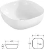 A white ceramic sink with technical drawings showing its dimensions. Produktbild-Vorschau