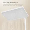 A close-up of a large square shower head with water flowing from it, with marketing text overlayed. Anteprima dell’immagine prodotto