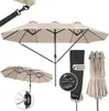 A collage of images showing a large beige outdoor umbrella, its cover, and a close-up of its mechanism. Náhled obrázku produktu