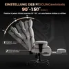 A gray office chair is shown reclined, with an arc indicating the adjustable tilt range from 90 to 150 degrees. Text overlays describe features. Produktbild-Vorschau