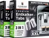 Two boxes of CLENESSO Premium Entkalker Tabs are shown, with a coffee machine and two cups of espresso in the background. Produktbild-Vorschau