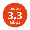 A circular orange graphic with white text indicating internet speed. Produktbild-Vorschau