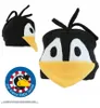 A collage of images showing a children's hat designed as a cartoon raven character, along with a circular logo for the character. Produktbild-Vorschau