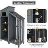 A grey wooden garden shed with multiple storage compartments and shelves, with labels indicating storage capacity and features. Anteprima dell’immagine prodotto