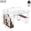 A diagram showing the dimensions of a loft bed with a desk and storage stairs. Produktbild-Vorschau