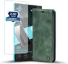 A green flip-style phone case and a screen protector are displayed against a white background. Produktbild-Vorschau
