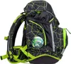 A black backpack with a geometric green pattern and reflective gray stripes, shown from the side against a white background. Náhled obrázku produktu