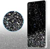 A phone case with a glittery, starry design is shown next to a circular close-up of the same design. Produktbild-Vorschau